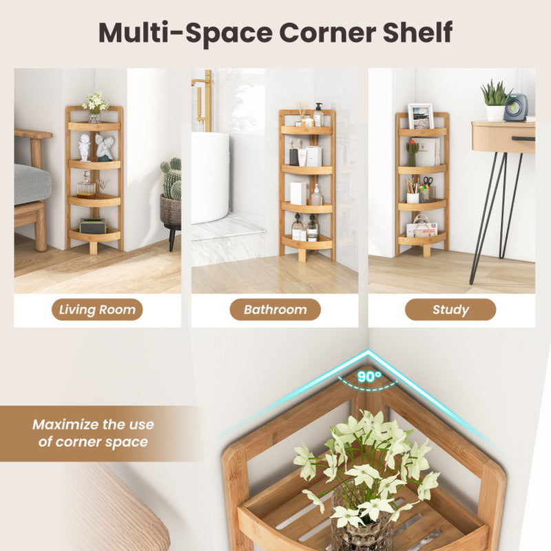 4 Tier Bamboo Corner Shelf Corner Freestanding Storage Organizer Shelving Unit for Bathroom