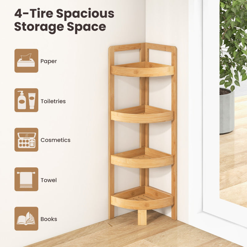 4 Tier Bamboo Corner Shelf Corner Freestanding Storage Organizer Shelving Unit for Bathroom