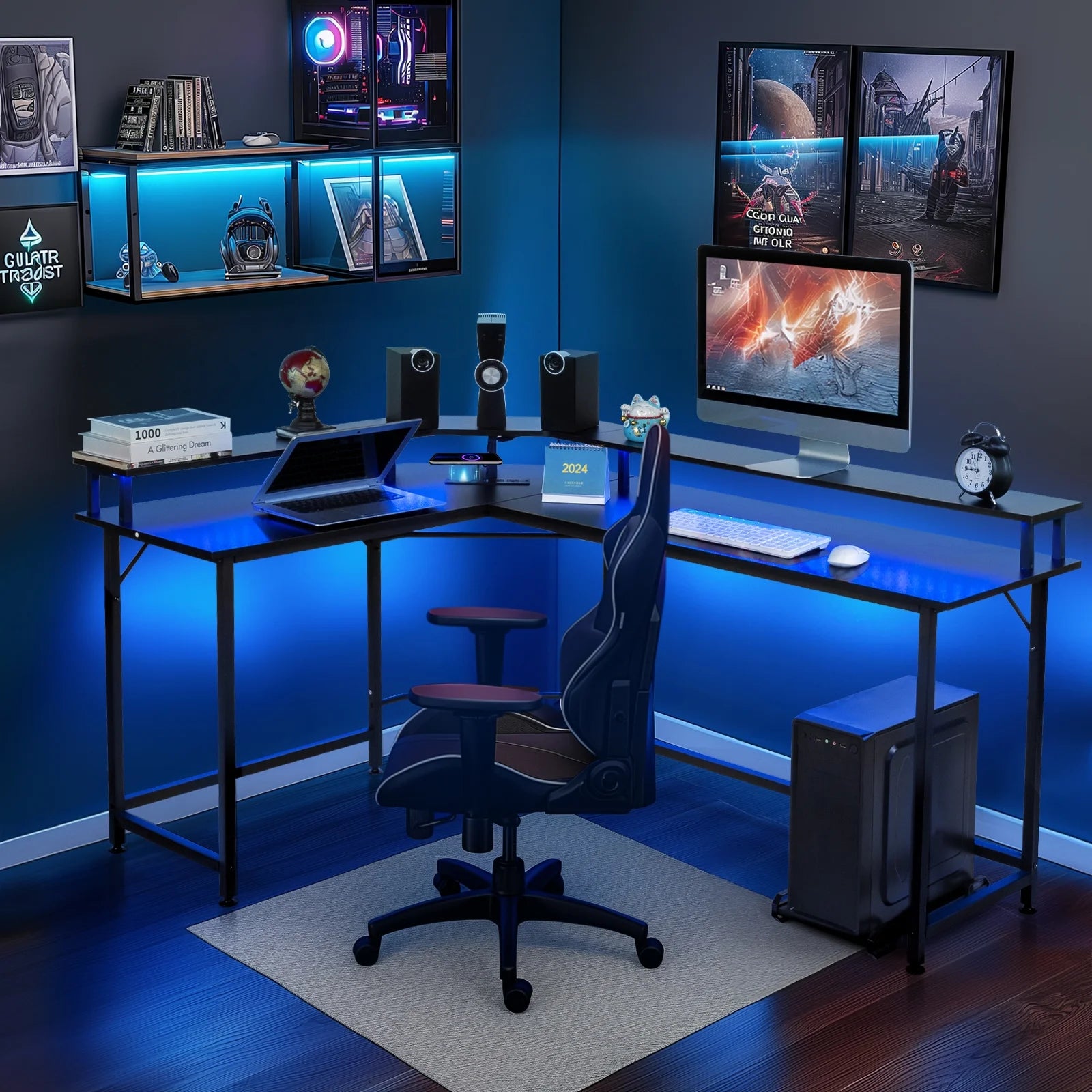 L-Shaped Gaming Desk with USB Wireless Charging, 55" Computer Desk with Monitor Stand, Corner Writing Desk with LED Light, Black