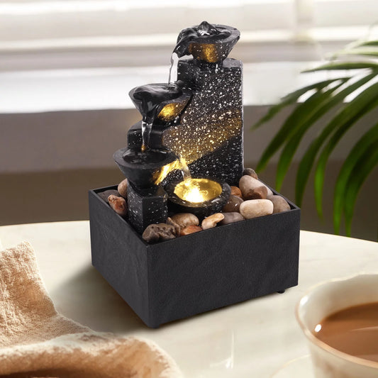 Indoor Water Fountain Tabletop Fountain 4 Level with Audible Calming Waterfall Sounds with Soft Lights