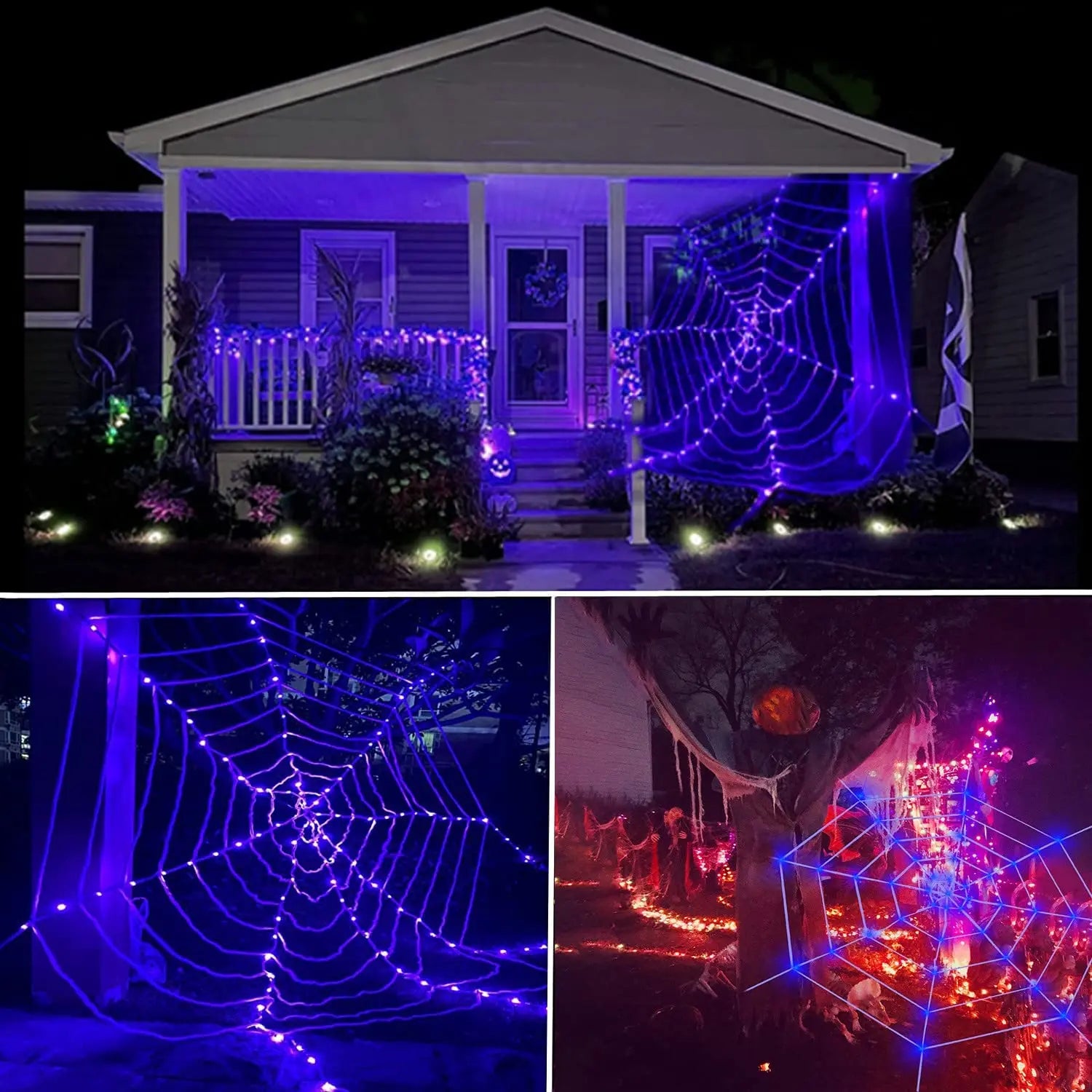 Scary Giant Spider Web Lights with 120 LED Purple Lights Halloween Outdoor Decoration Indoor Outdoor Party Haunted House Decor