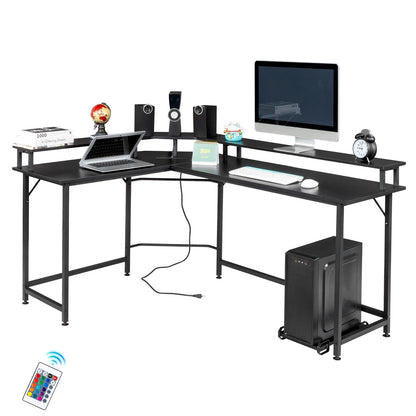 L-Shaped Gaming Desk with USB Wireless Charging, 55" Computer Desk with Monitor Stand, Corner Writing Desk with LED Light, Black