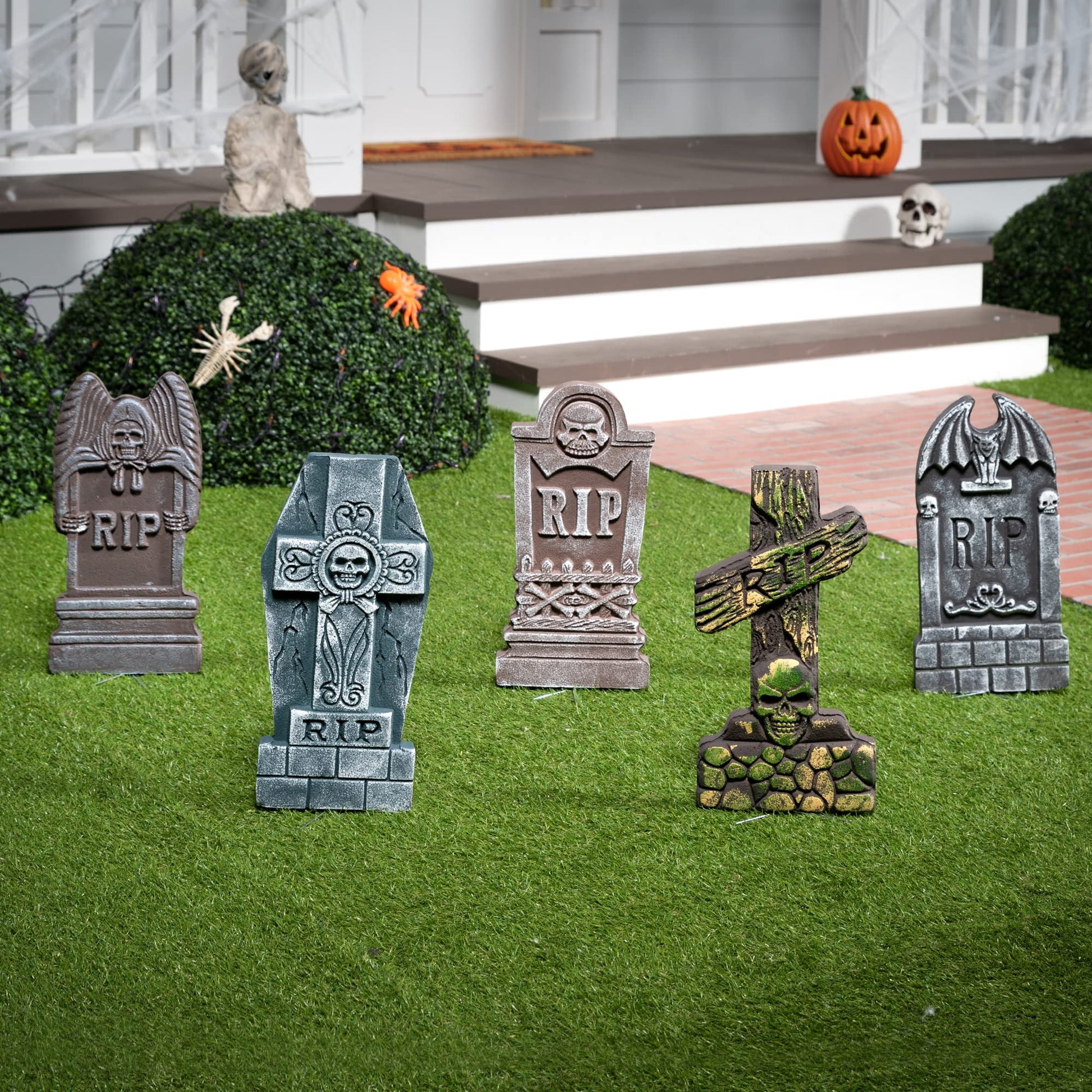 5 Packs Halloween Tombstones Decorations,17" Halloween Foam RIP Graveyard Decorations and 10 Bonus Metal Stakes for Halloween Outdoor Yard Decorations