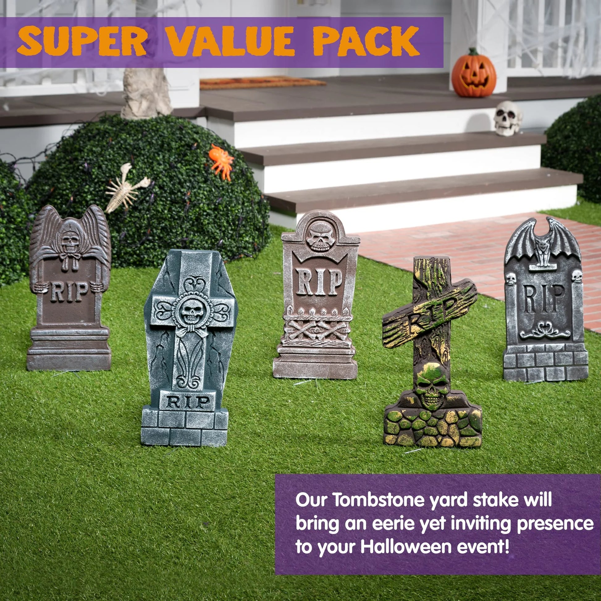 5 Packs Halloween Tombstones Decorations,17" Halloween Foam RIP Graveyard Decorations and 10 Bonus Metal Stakes for Halloween Outdoor Yard Decorations