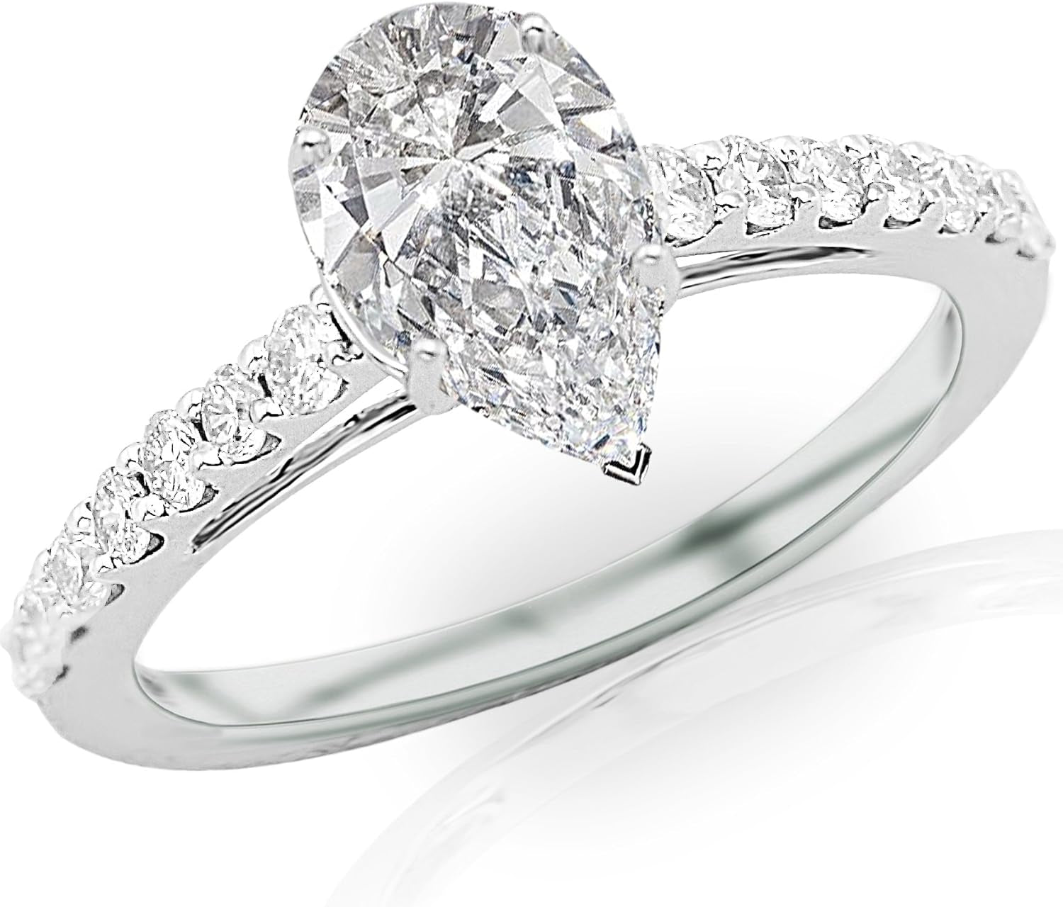 1.25 Ctw Pear Cut Classic Graduating Pave Set 14K White Gold Diamond Engagement Ring (H-I Color SI2-I1 Clarity 0.75 Ct Center)