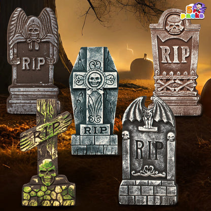 5 Packs Halloween Tombstones Decorations,17" Halloween Foam RIP Graveyard Decorations and 10 Bonus Metal Stakes for Halloween Outdoor Yard Decorations