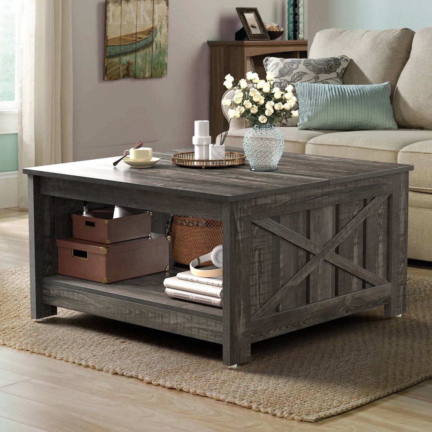 Coffee Table, Square Coffee Table, Farmhouse Coffee Table with Half Open Storage Compartment for Living Room, Rustic Oak